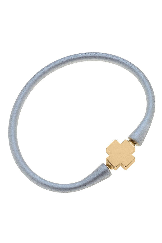 Bali 24K Gold Plated Cross Bead Silicone Bracelet in Metallic Silver - Canvas Style