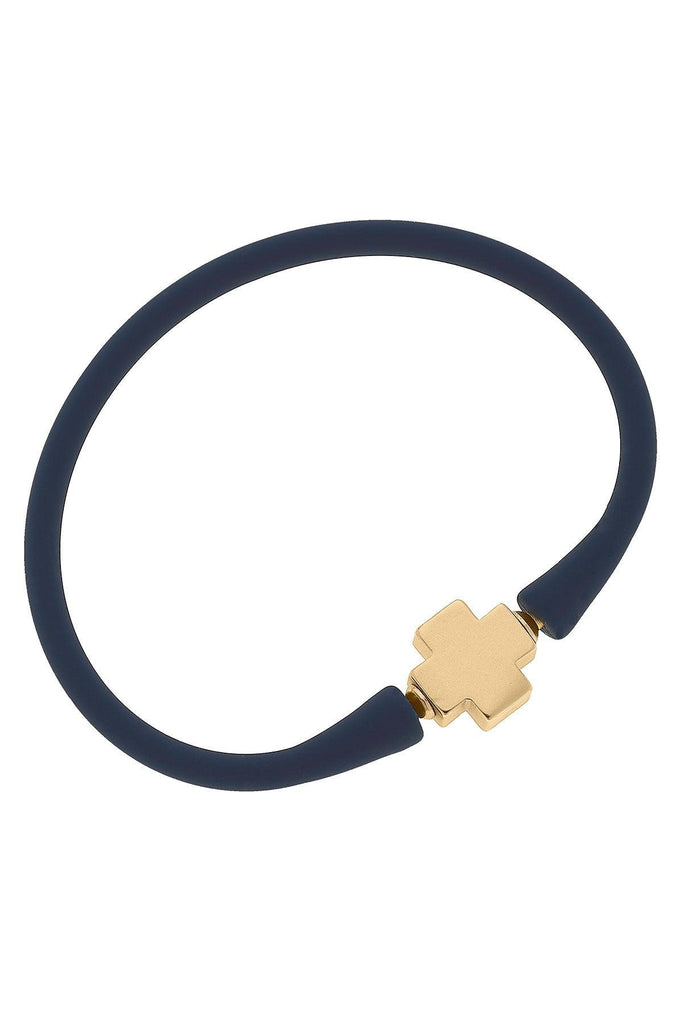 Bali 24K Gold Plated Cross Bead Silicone Bracelet in Navy - Canvas Style