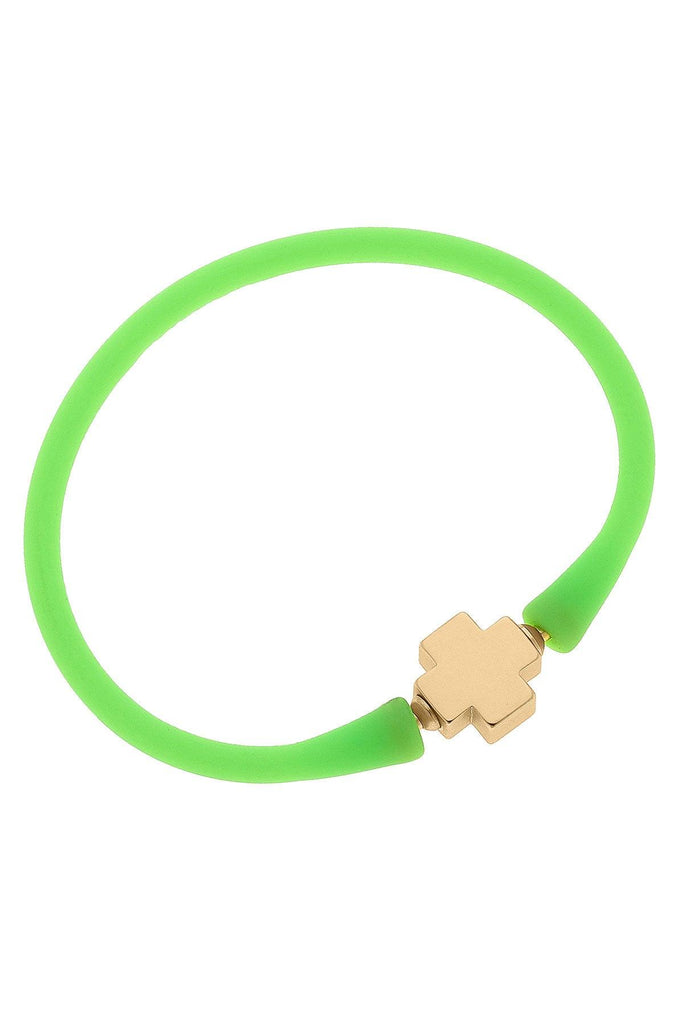 Bali 24K Gold Plated Cross Bead Silicone Bracelet in Neon Green - Canvas Style