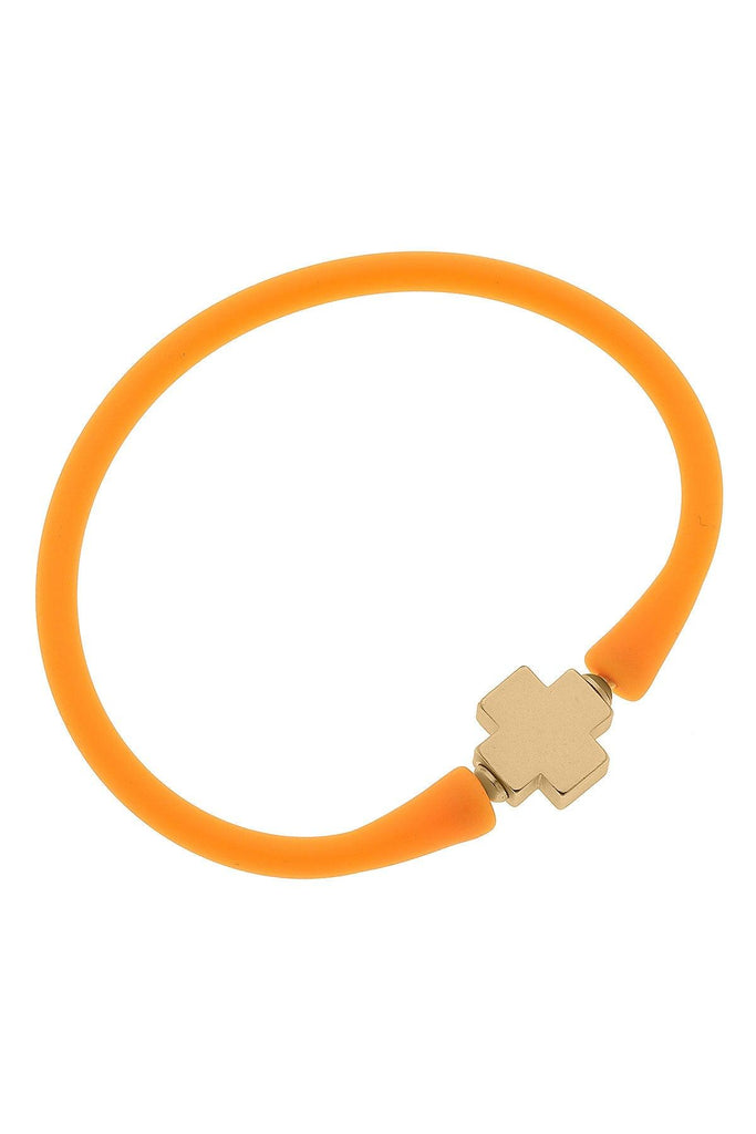 Bali 24K Gold Plated Cross Bead Silicone Bracelet in Neon Orange - Canvas Style