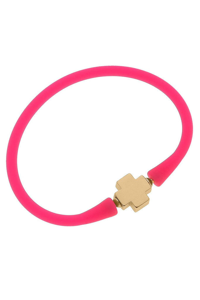 Bali 24K Gold Plated Cross Bead Silicone Bracelet in Neon Pink - Canvas Style