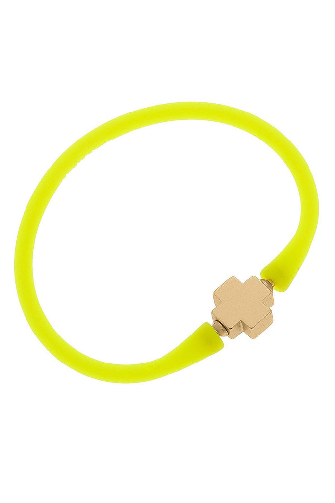 Bali 24K Gold Plated Cross Bead Silicone Bracelet in Neon Yellow - Canvas Style