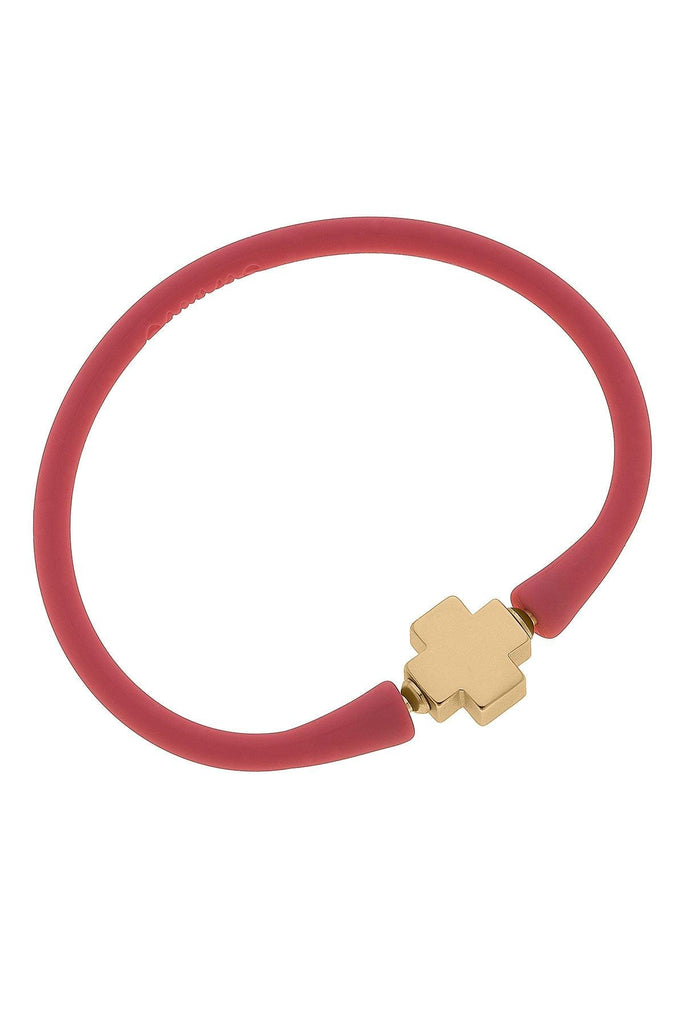 Bali 24K Gold Plated Cross Bead Silicone Bracelet in Pink - Canvas Style