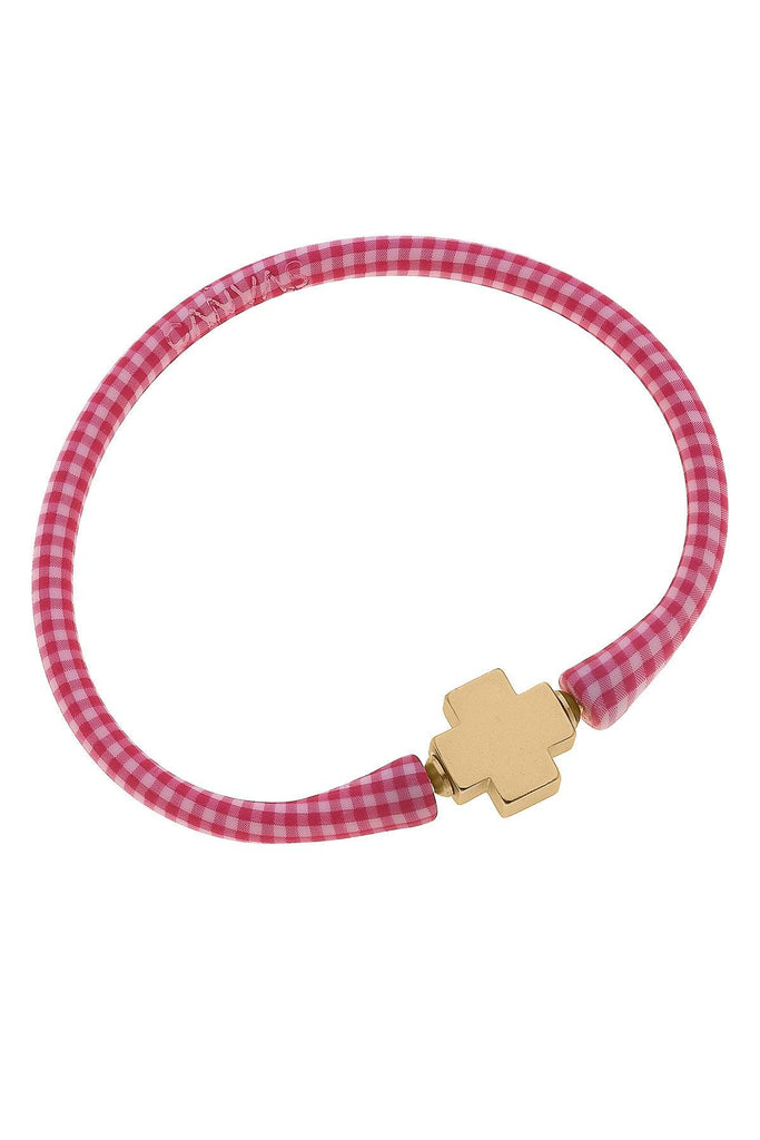 Bali 24K Gold Plated Cross Bead Silicone Bracelet in Pink Gingham - Canvas Style