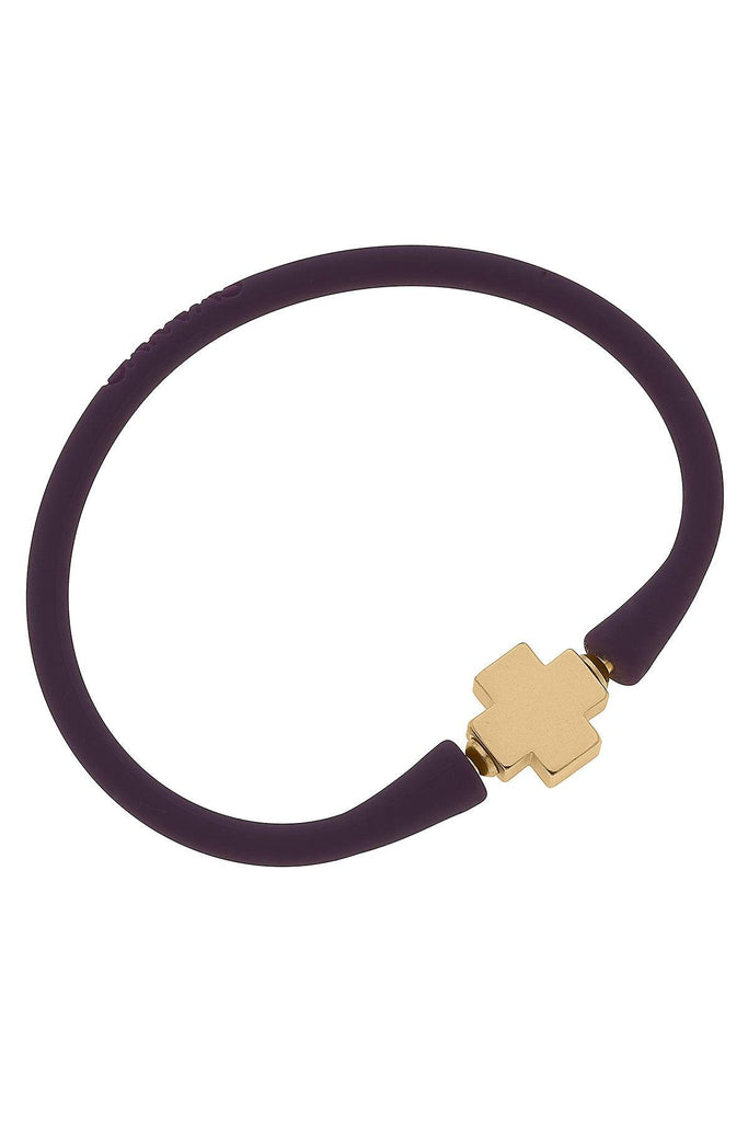 Bali 24K Gold Plated Cross Bead Silicone Bracelet in Plum - Canvas Style