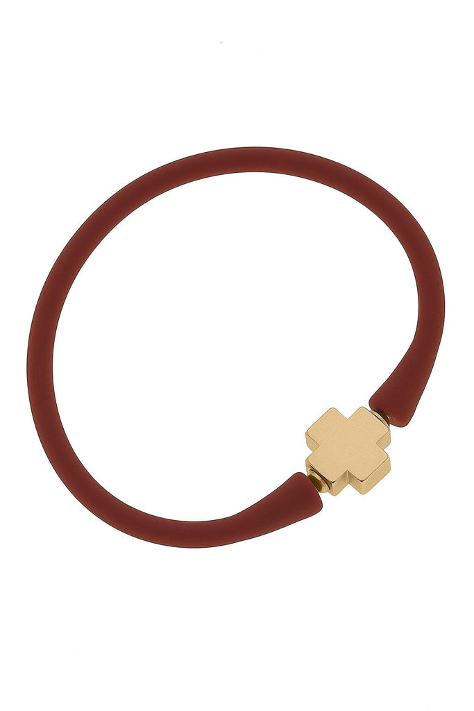 Bali 24K Gold Plated Cross Bead Silicone Bracelet in Rust - Canvas Style