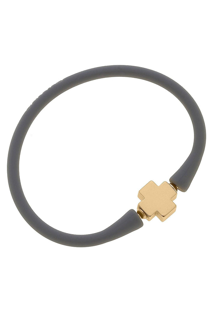 Bali 24K Gold Plated Cross Bead Silicone Bracelet in Steel Grey - Canvas Style