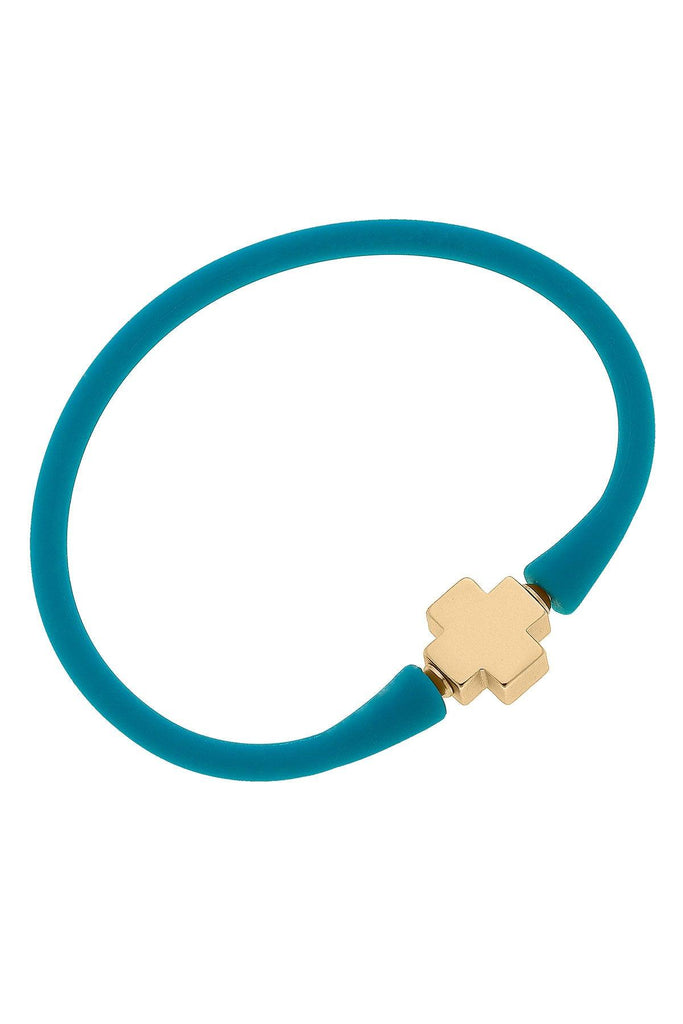Bali 24K Gold Plated Cross Bead Silicone Bracelet in Teal - Canvas Style