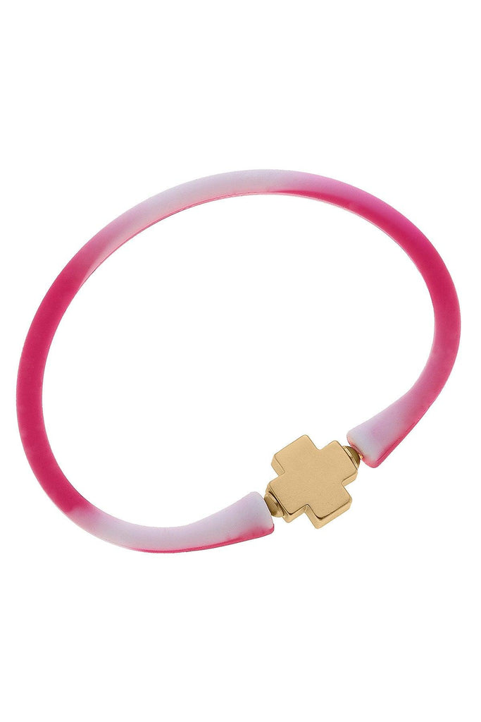 Bali 24K Gold Plated Cross Bead Silicone Bracelet in Tie Dye Pink - Canvas Style