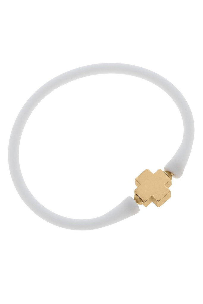 Bali 24K Gold Plated Cross Bead Silicone Bracelet in White - Canvas Style