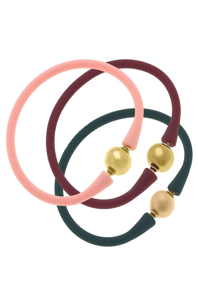 Bali 24K Gold Silicone Bracelet Holiday Stack of 3 in Light Pink, Burgundy & Hunter Green - Canvas Style