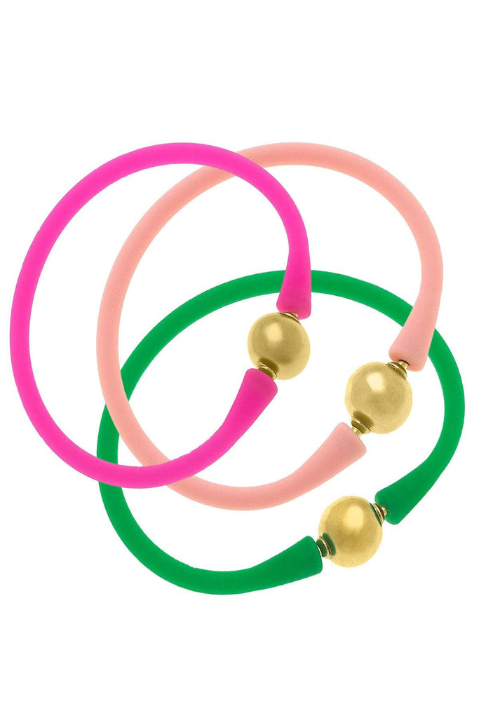 Bali 24K Gold Silicone Bracelet Holiday Stack of 3 in Light Pink, Fuchsia & Green - Canvas Style