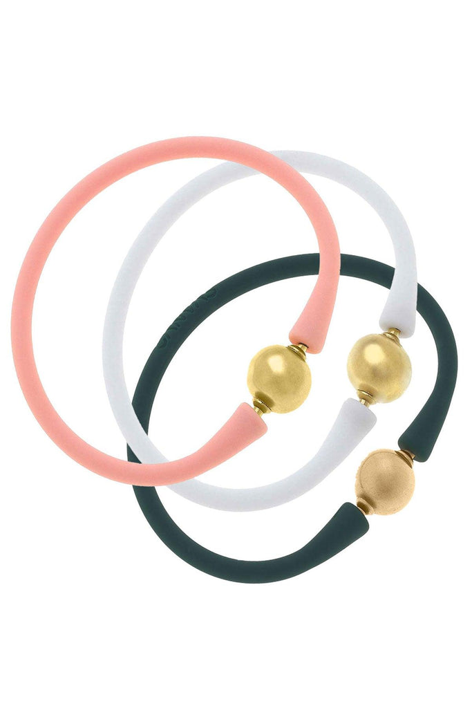 Bali 24K Gold Silicone Bracelet Holiday Stack of 3 in Light Pink, White & Hunter Green - Canvas Style