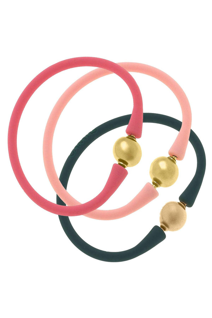 Bali 24K Gold Silicone Bracelet Holiday Stack of 3 in Pink, Light Pink & Hunter Green - Canvas Style