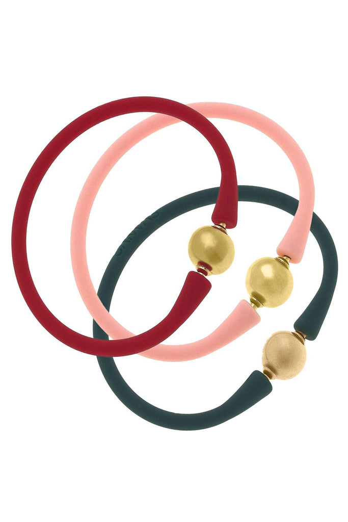Bali 24K Gold Silicone Bracelet Holiday Stack of 3 in Red, Light Pink & Hunter Green - Canvas Style