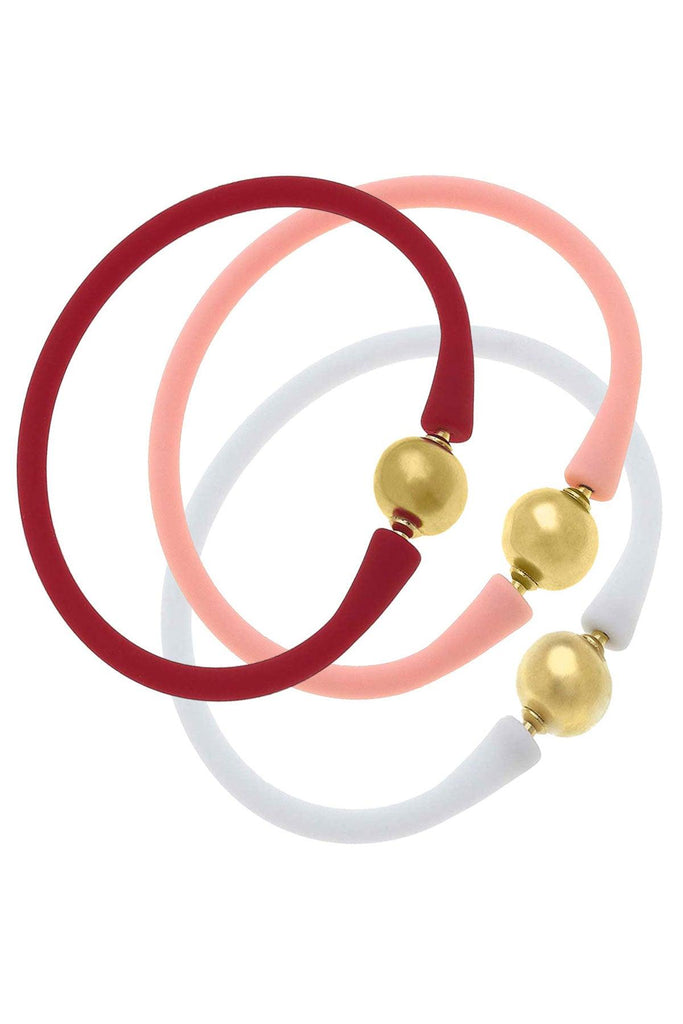 Bali 24K Gold Silicone Bracelet Holiday Stack of 3 in Red, Light Pink & White - Canvas Style