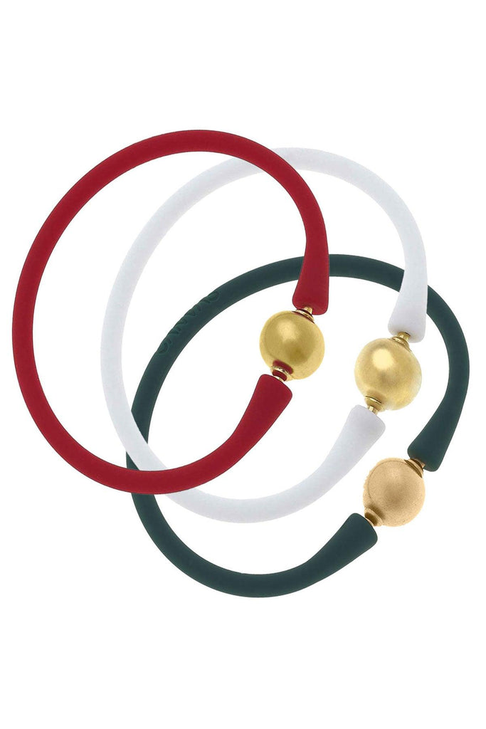 Bali 24K Gold Silicone Bracelet Holiday Stack of 3 in Red, White & Hunter Green - Canvas Style