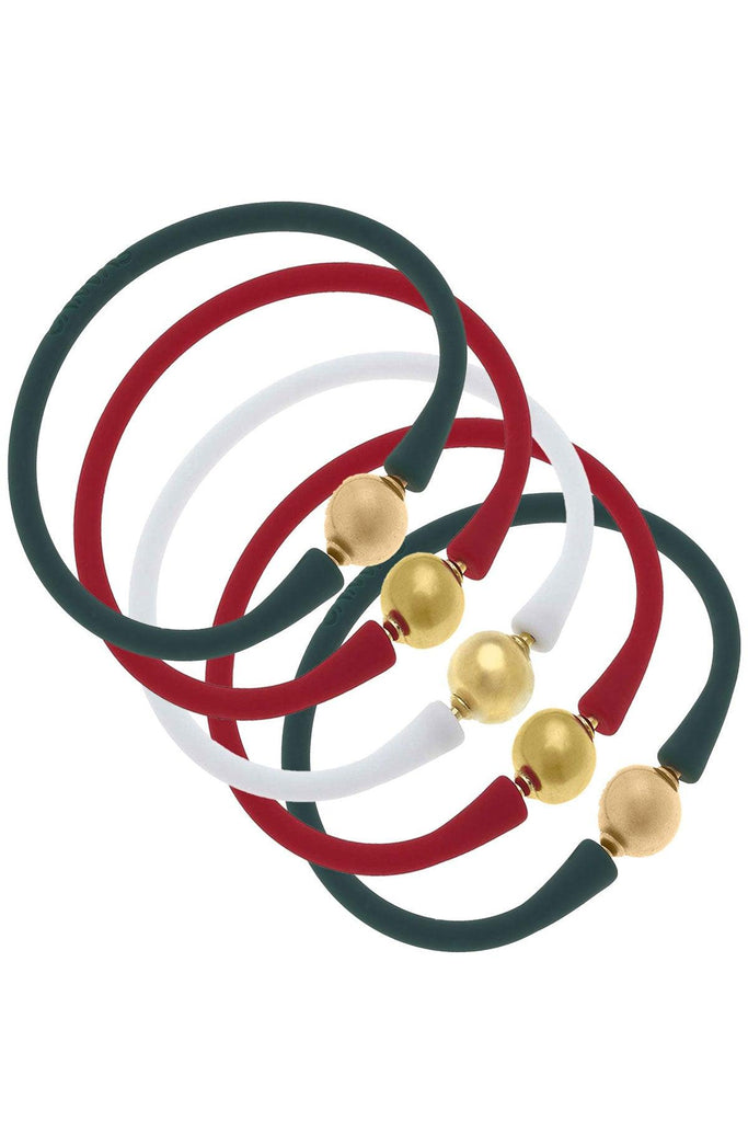 Bali 24K Gold Silicone Bracelet Holiday Stack of 5 in Red, White & Hunter Green - Canvas Style