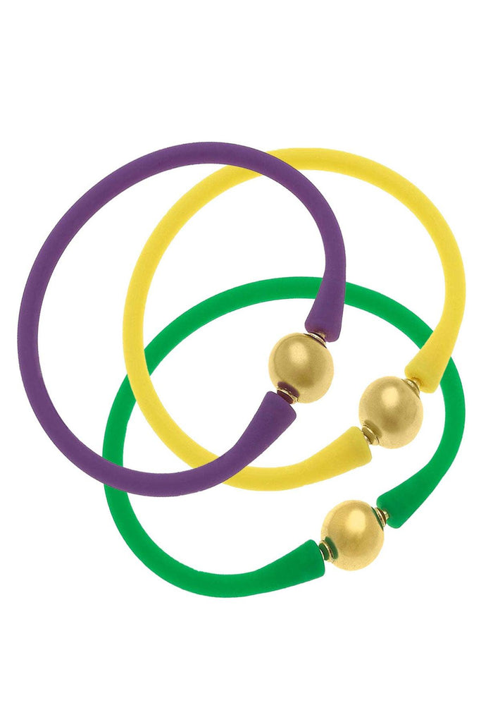 Bali 24K Gold Silicone Bracelet Mardi Gras Stack of 3 in Purple, Green & Yellow - Canvas Style