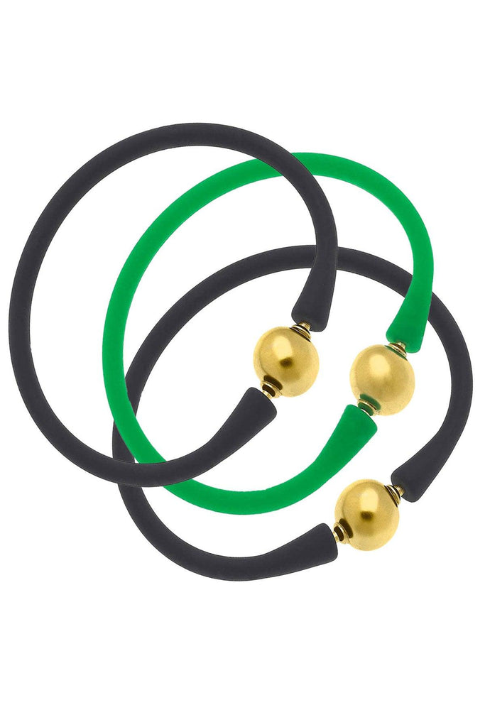 Bali 24K Gold Silicone Bracelet Stack of 3 in Black & Green - Canvas Style