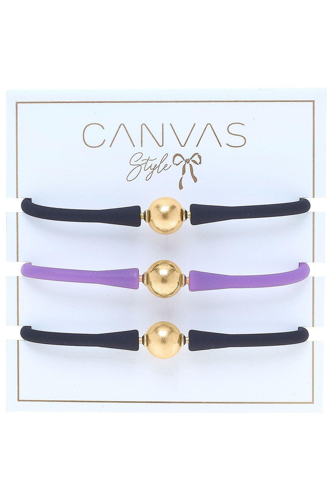 Bali 24K Gold Silicone Bracelet Stack of 3 in Black & Purple - Canvas Style