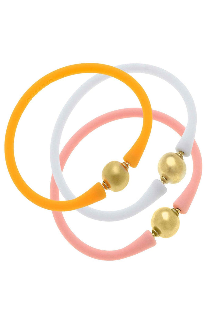 Bali 24K Gold Silicone Bracelet Stack of 3 in Cantaloupe, White & Light Pink - Canvas Style