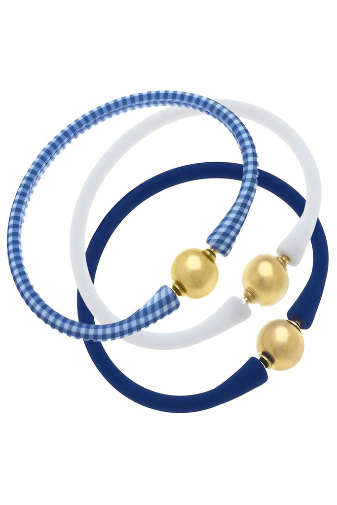 Bali 24K Gold Silicone Bracelet Stack of 3 in Gingham Blue, White & Royal Blue - Canvas Style