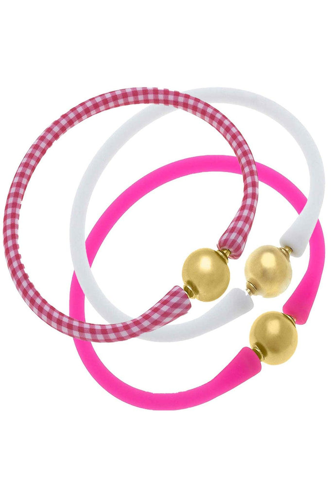 Bali 24K Gold Silicone Bracelet Stack of 3 in Gingham Pink, White & Fuchsia - Canvas Style