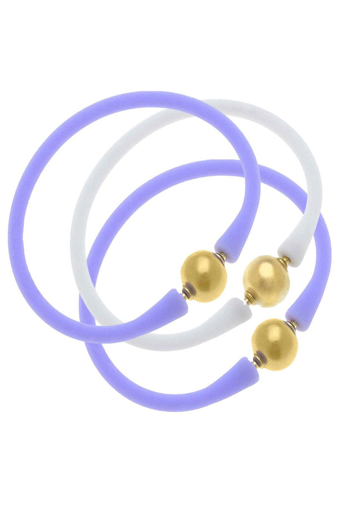 Bali 24K Gold Silicone Bracelet Stack of 3 in Lilac & White - Canvas Style