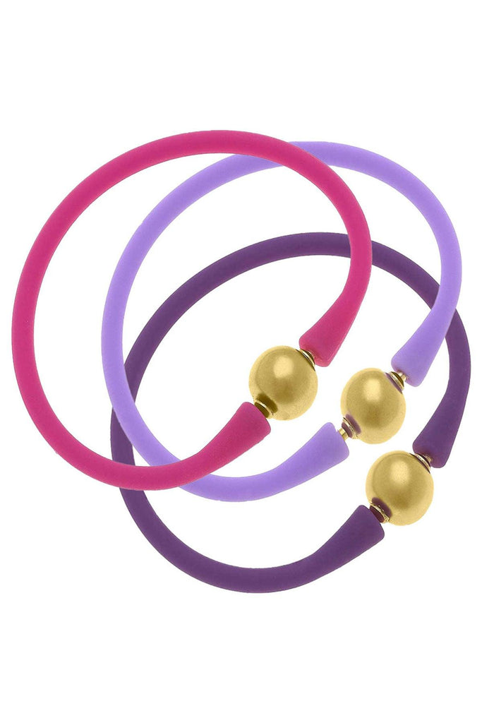 Bali 24K Gold Silicone Bracelet Stack of 3 in Magenta, Lavender & Purple - Canvas Style