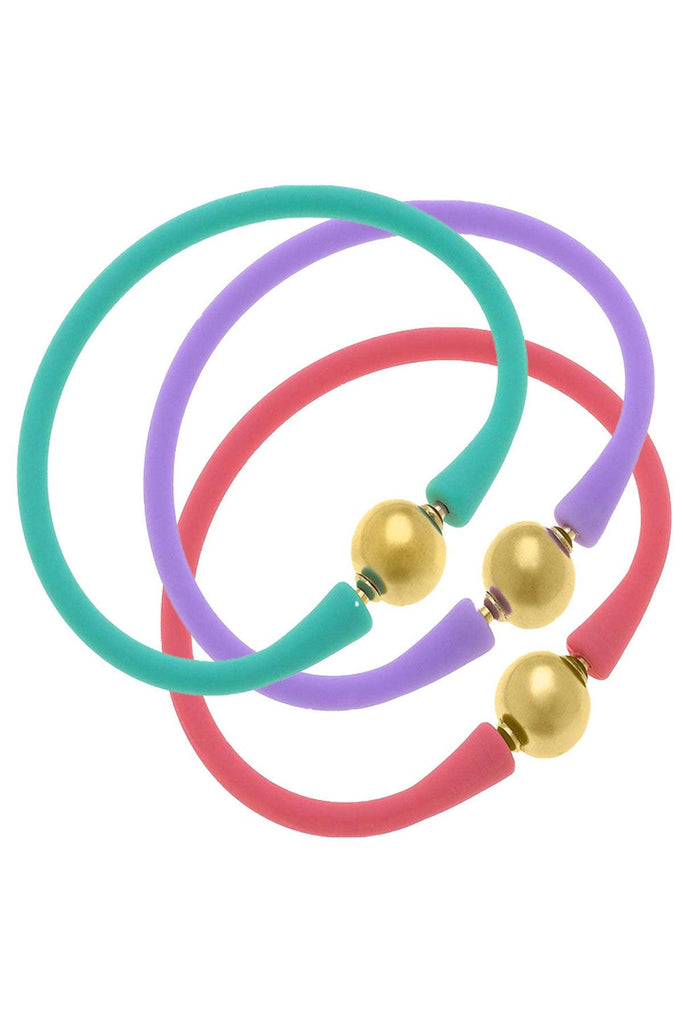 Bali 24K Gold Silicone Bracelet Stack of 3 in Mint, Lavender & Pink - Canvas Style