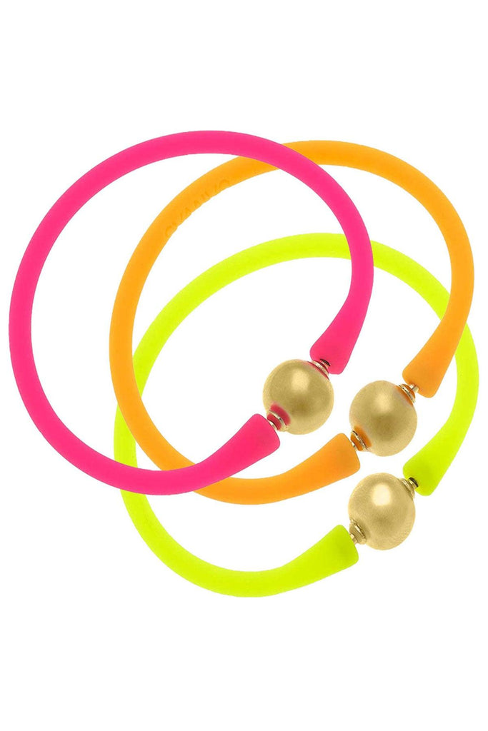 Bali 24K Gold Silicone Bracelet Stack of 3 in Neon Pink, Neon Orange & Neon Yellow - Canvas Style
