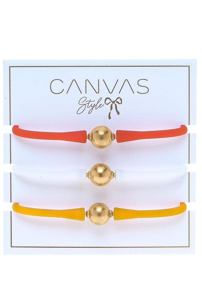 Bali 24K Gold Silicone Bracelet Stack of 3 in Orange, White & Cantaloupe - Canvas Style