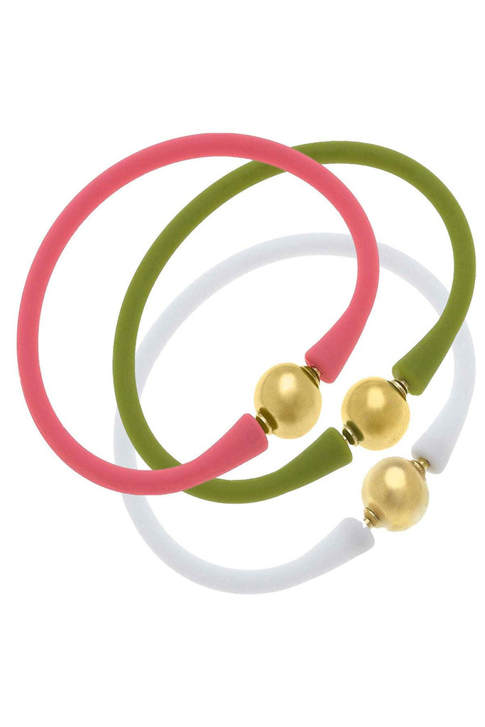 Bali 24K Gold Silicone Bracelet Stack of 3 in Pink, Peridot & White - Canvas Style