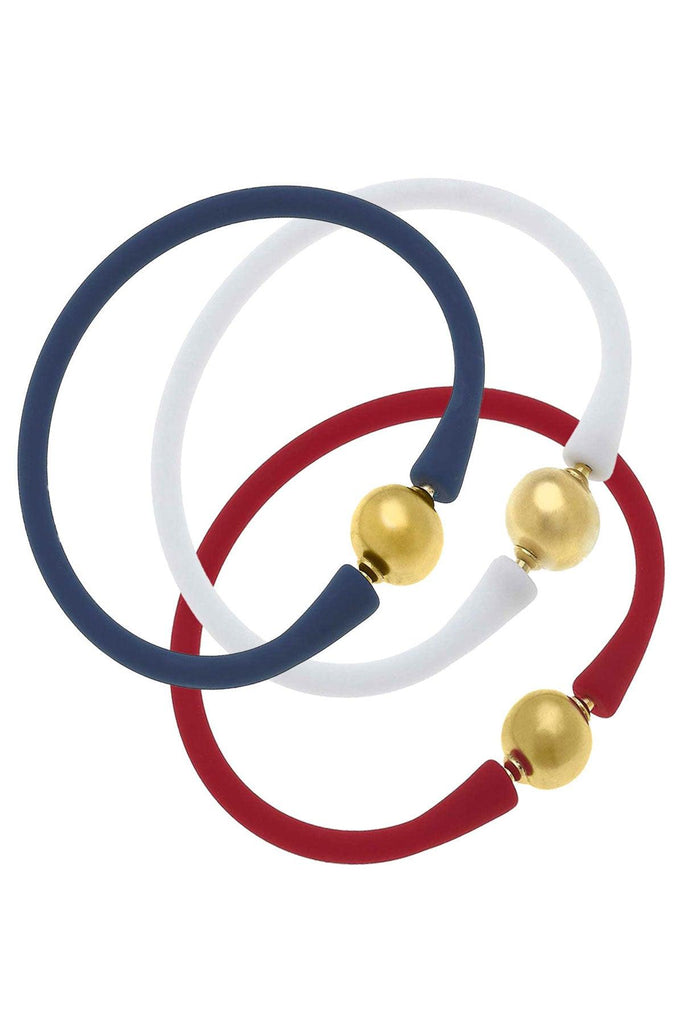 Bali 24K Gold Silicone Bracelet Stack of 3 in Red, White & Navy - Canvas Style