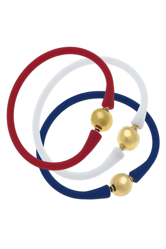 Bali 24K Gold Silicone Bracelet Stack of 3 in Red, White & Royal Blue - Canvas Style