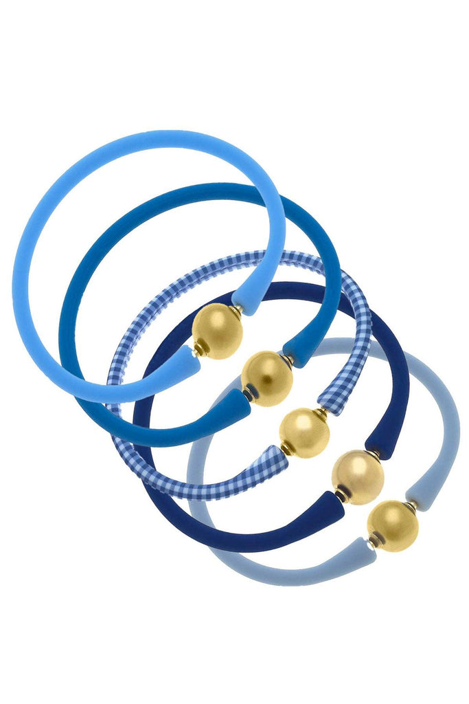 Bali 24K Gold Silicone Bracelet Stack of 5 in Aqua, Blue, Blue Gingham, Royal Blue & Blue Grey - Canvas Style