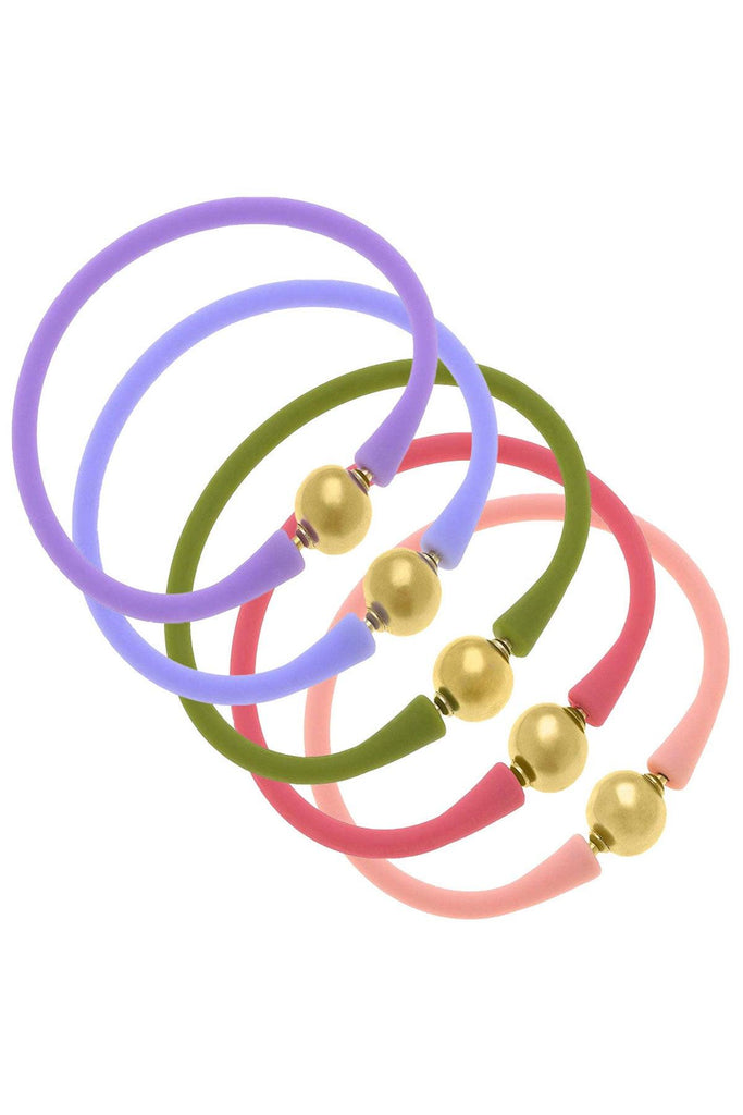Bali 24K Gold Silicone Bracelet Stack of 5 in Lavender, Lilac, Peridot, Pink & Light Pink - Canvas Style