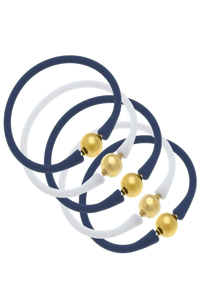 Bali 24K Gold Silicone Bracelet Stack of 5 in Navy & White - Canvas Style