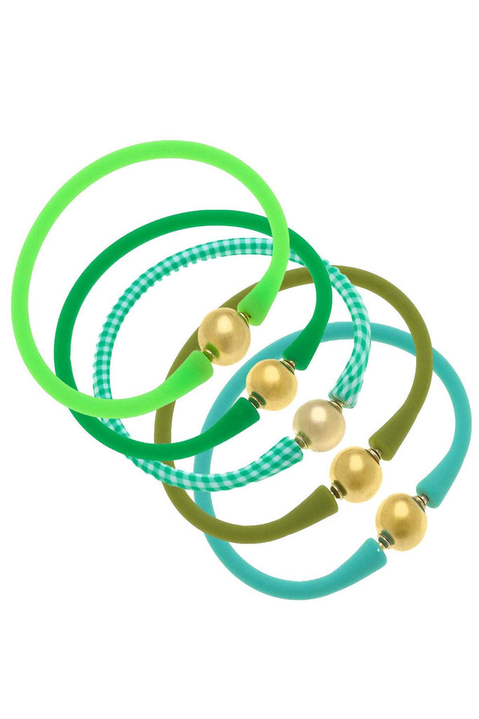 Bali 24K Gold Silicone Bracelet Stack of 5 in Neon Green, Green, Green Gingham, Peridot & Mint - Canvas Style