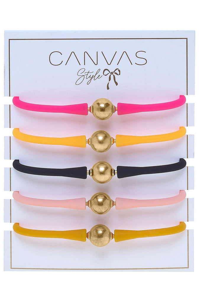 Bali 24K Gold Silicone Bracelet Stack of 5 in Neon Pink, Neon Orange, Black, Light Pink & Cantaloupe - Canvas Style