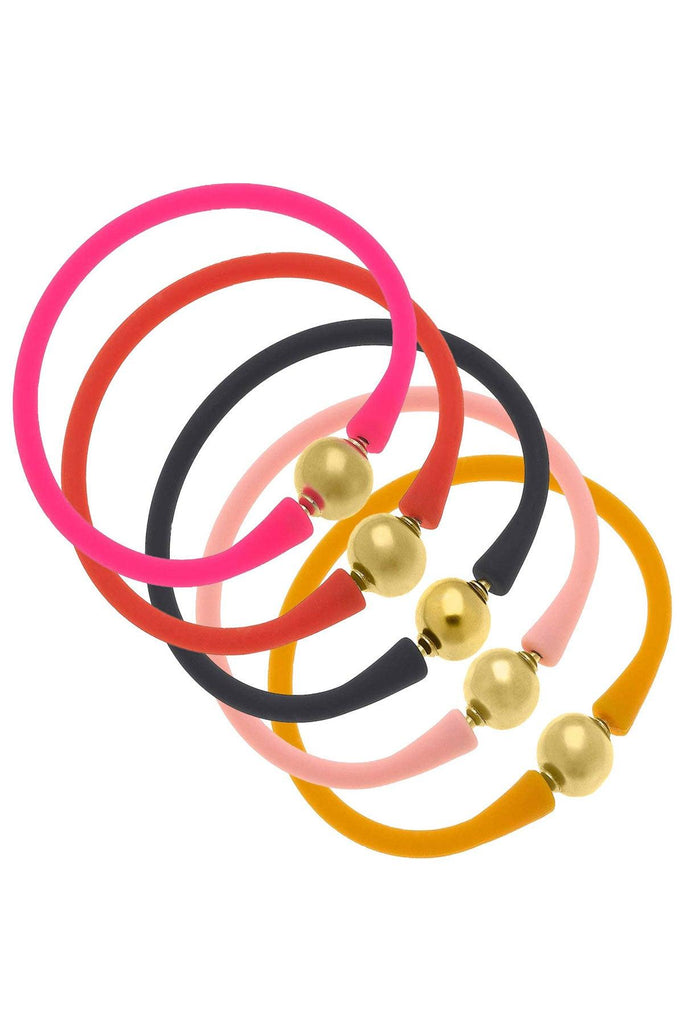 Bali 24K Gold Silicone Bracelet Stack of 5 in Neon Pink, Orange, Black, Light Pink & Cantaloupe - Canvas Style
