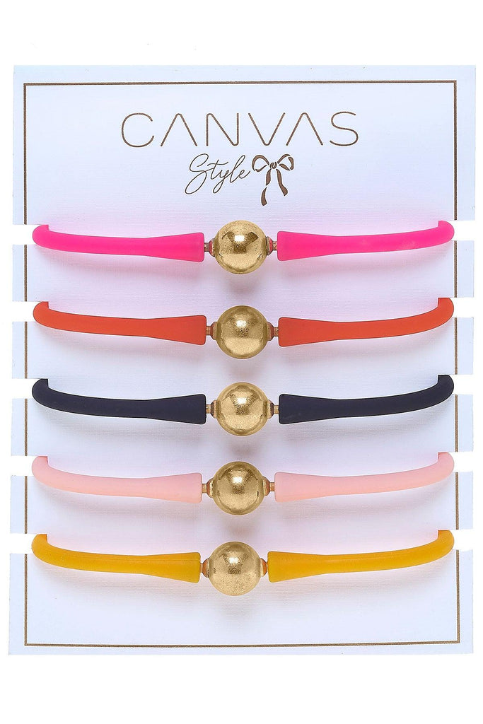 Bali 24K Gold Silicone Bracelet Stack of 5 in Neon Pink, Orange, Black, Light Pink & Cantaloupe - Canvas Style