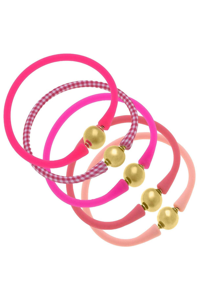 Bali 24K Gold Silicone Bracelet Stack of 5 in Neon Pink, Pink Gingham, Fuchsia, Pink & Light Pink - Canvas Style