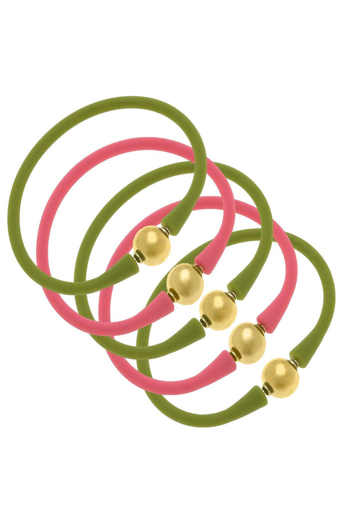 Bali 24K Gold Silicone Bracelet Stack of 5 in Peridot & Pink - Canvas Style