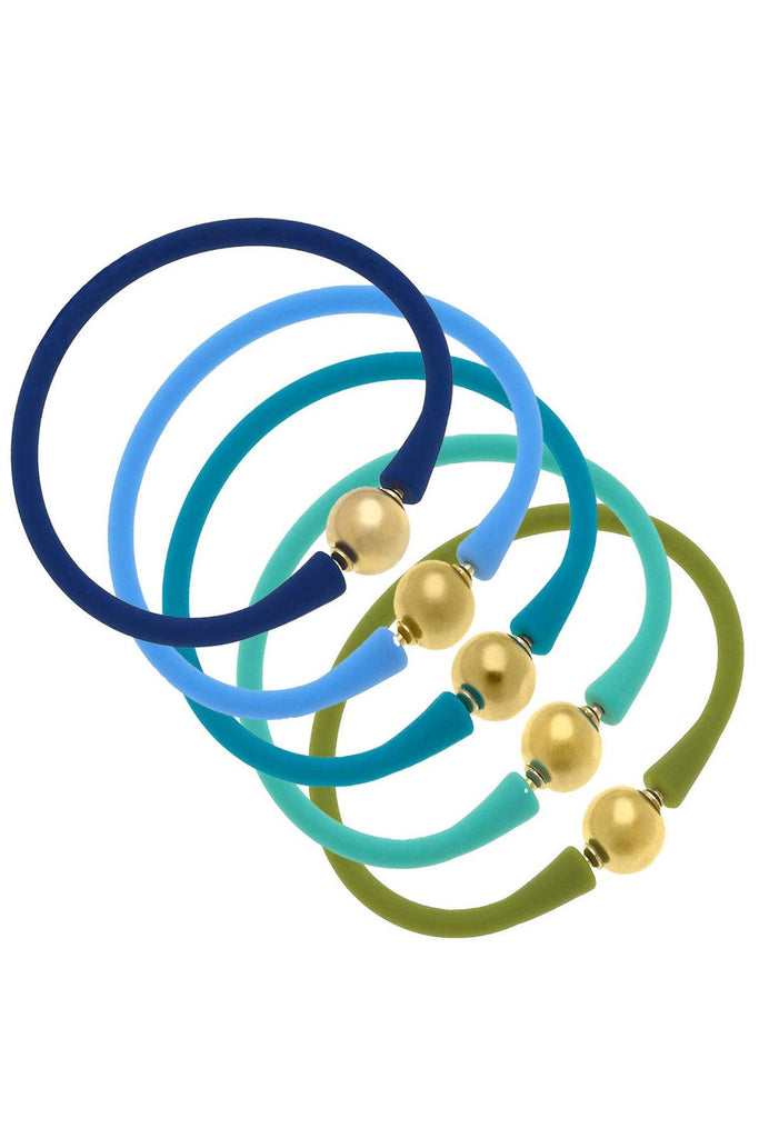 Bali 24K Gold Silicone Bracelet Stack of 5 in Peridot, Mint, Teal, Aqua & Royal Blue - Canvas Style