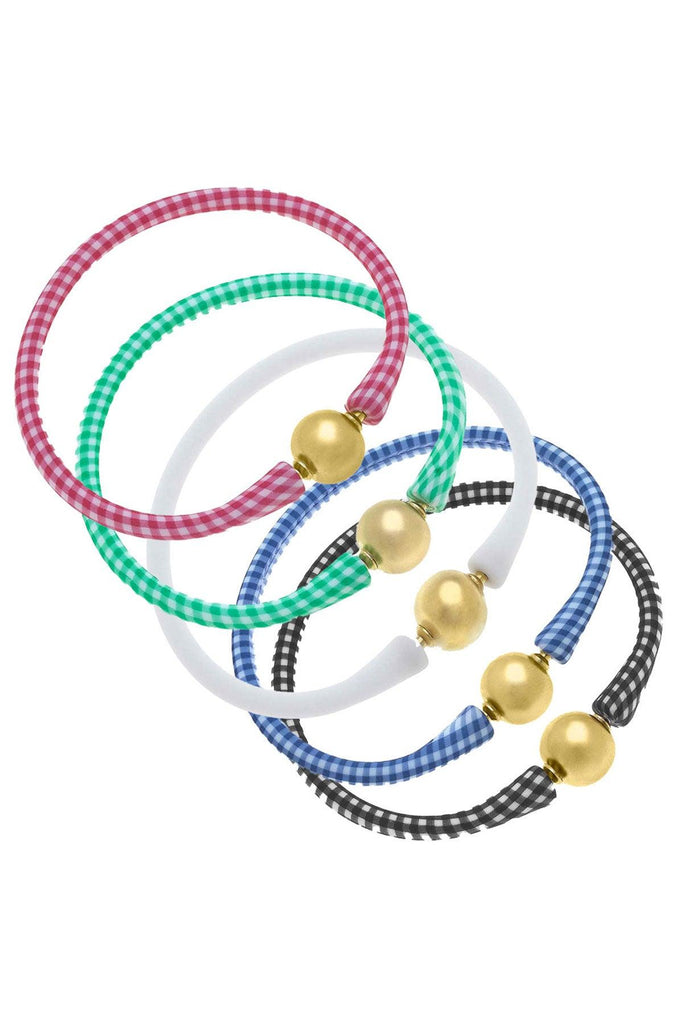 Bali 24K Gold Silicone Bracelet Stack of 5 in Pink Gingham, Green Gingham, White, Blue Gingham & Black Gingham - Canvas Style