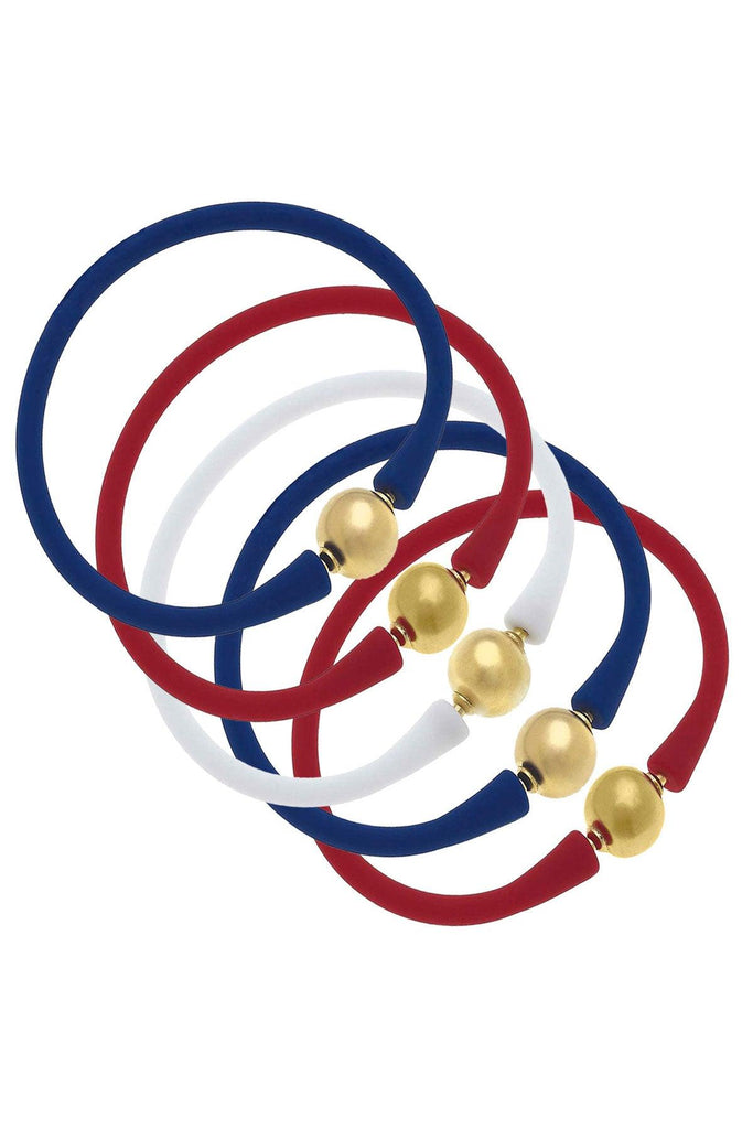 Bali 24K Gold Silicone Bracelet Stack of 5 in Red, White & Royal Blue - Canvas Style