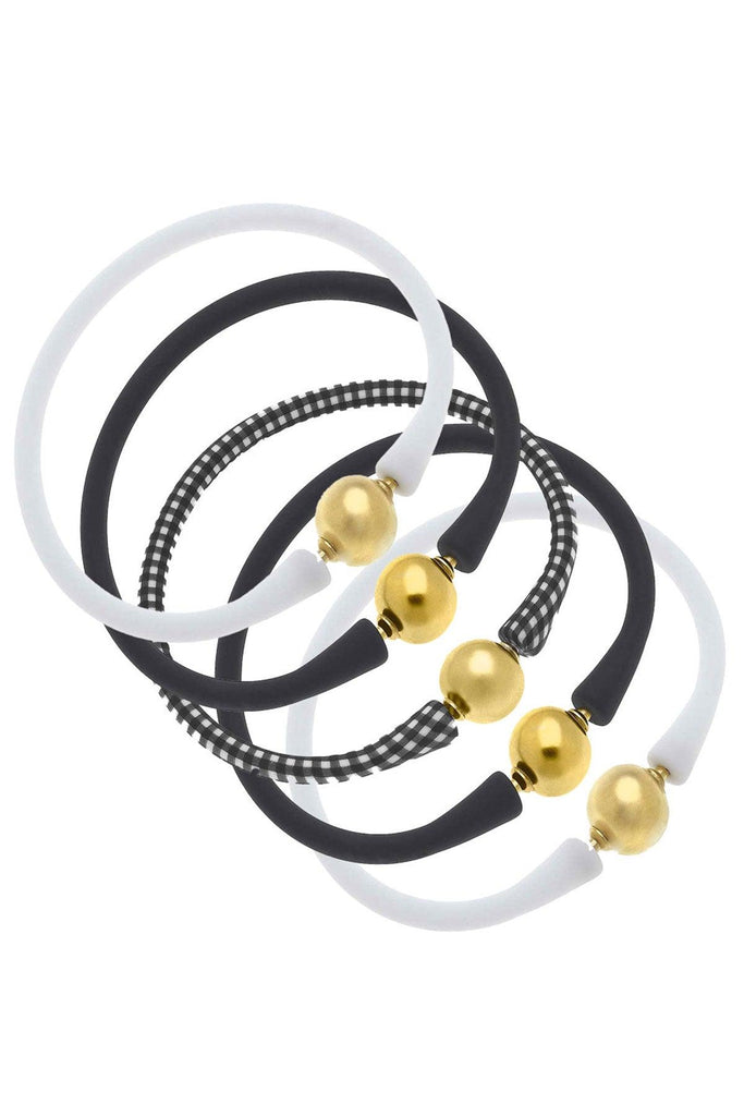 Bali 24K Gold Silicone Bracelet Stack of 5 in White, Black & Black Gingham - Canvas Style