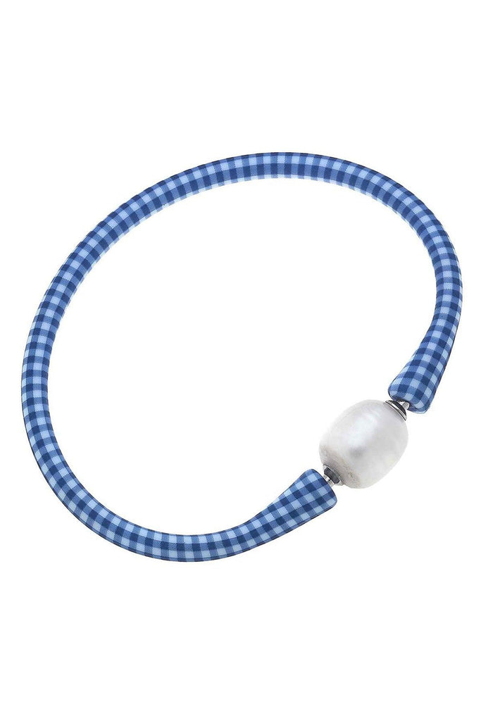 Bali Freshwater Pearl Silicone Bracelet in Blue Gingham - Canvas Style